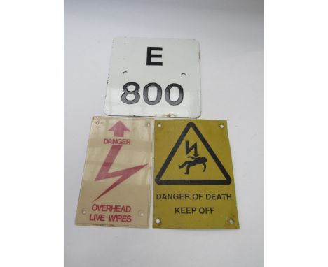 An enamel license plate E-800 and two danger signs etc