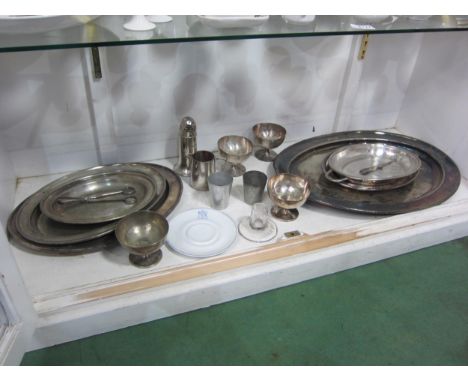 A quantity of mostly LNER plated ware including serving dishes, dessert bowls, glass candle stick and and a Mintons LNER Rest
