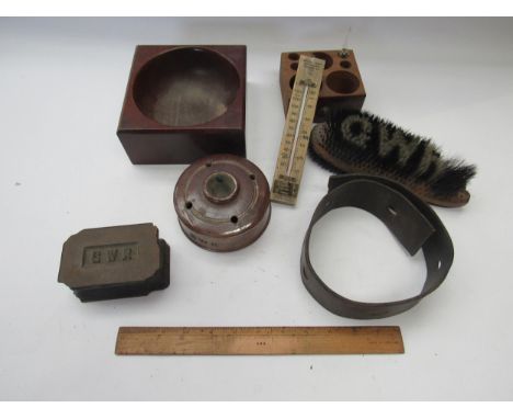 A quantity of GWR office and company equipment including coin bowl, ink and quill stand, brush, leather strap and paperweight