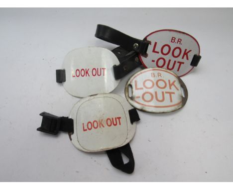 Four enamel Look Out armbands, two marked BR