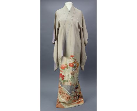 An early-mid 20th century Japanese marriage kimono of light grey &amp; lavender ground, with floral decoration to the lower h