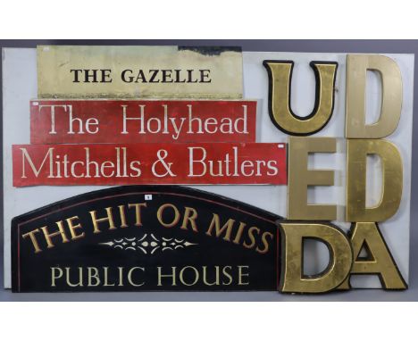 A painted wooden sign “THE HIT OR MISS PUBLIC HOUSE”, 48” x 18½”; together with three other signs; &amp; ten various large sc