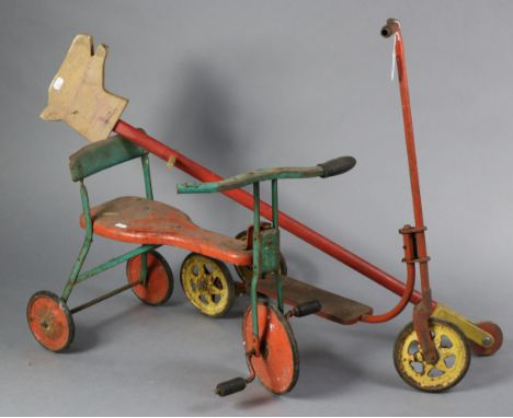 A Vintage Mobo child’s scooter; a similar tricycle; a painted wooden hobbyhorse; &amp; various scale model vehicles.