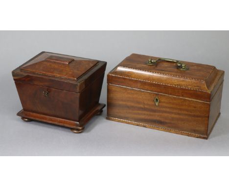 A 19th century mahogany two-division tea caddy of sarcophagus form, on bun feet, 6¾” wide x 5¾” high x 5¼” deep; &amp; a larg