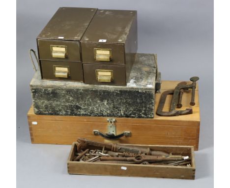 A pair of art metal two-drawer filing chests, 7¾” wide x 8½” high x 15” deep; together with various vintage carpenter’s &amp;