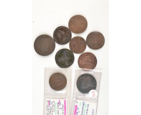 Eight 18th century and one 19th century tokens :- sise lane 1/2 d, John Wilkinson Iron Master, Whale Fishery 1794, Coventry 1