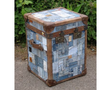 Leather and brass mounted trunk covered with denim patches, Bond St. of London, 57cm x 42cm x 41cm, nothing to report