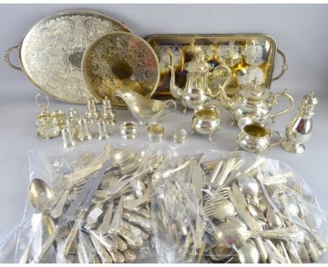 Collection of silver plated wares to include a tea service and a quantity of cutlery, 