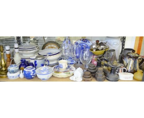 Various miscellanea and decorative ceramics to include scales and large wine glasses 