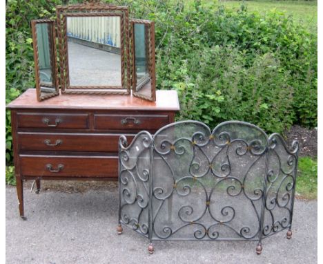 Mahogany dressing chest (lacking mirrors), a fire screen and a triptych mirror 