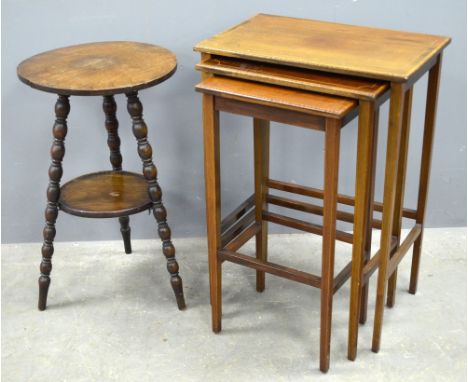 Mahogany nest of three tables, a mahogany standard lamp and an oak two tiered stool on turned legs 
