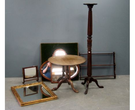 Gilt framed mirror, two other mirrors, bedroom mirror, a wall shelf, a mahogany pedestal, a mahogany round table on tripod le