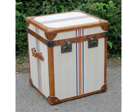 Leather and brass mounted trunk covered flour sack material, Bond St. of London, 57cm x 50cm x 46cm, nothing to report