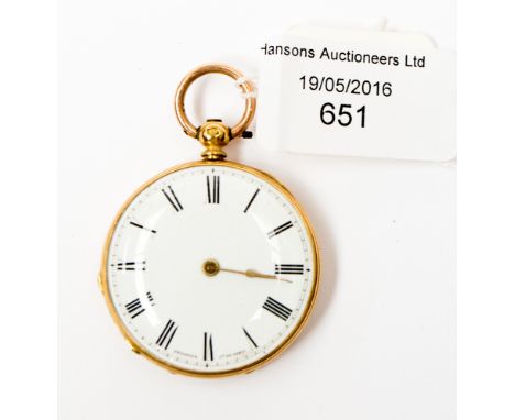 An 18ct gold open faced pocket watch, enamel Roman dial