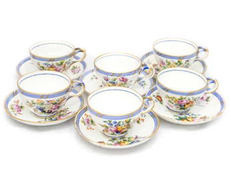 A set of six Sevres wishbone handled and hand painted cups and saucers (1 box) 