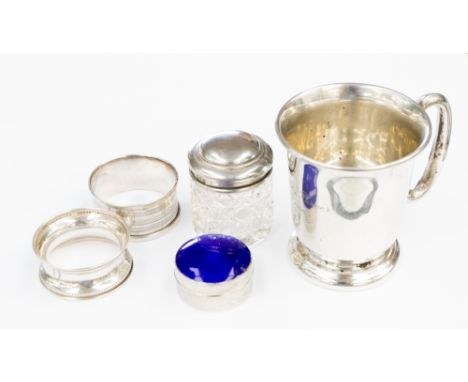 A 20th Century silver Christening mug, together with a modern silver enamel box, silver napkin rings etc (qty)