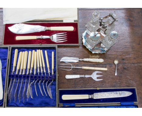 A silver and mother-of-pearl knife, Birmingham 1853, with a silver ivory handled three pronged fork with a cut glass, EPNS cr