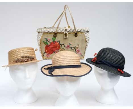An American early 1950s straw oval handbag, the lid decorated with embroidery of flowers etc (two side handles) and three str