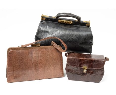 A black leather doctor's or district nurse's bag, late 1930s, together with an early 1950s snakeskin bag in light brown and a