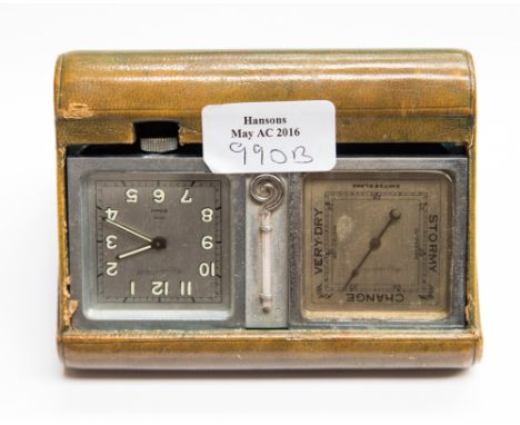 A Mappin and Webb leather cased travel, clock, barometer and thermometer