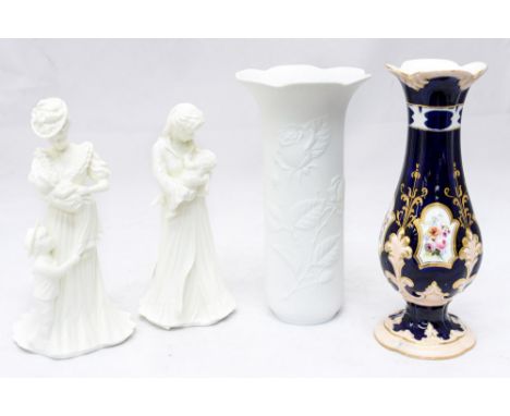 Kaiser vase, continental hand painted vase together with two Royal Worcester figures including a second (4)