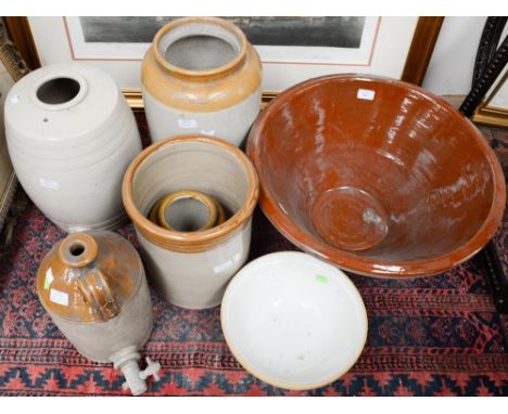A collection of ceramic stoneware jars, barrel, mixing bowl and various makers' stamps (6) 