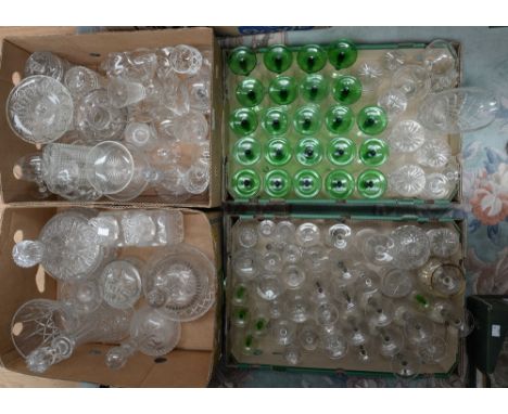 Four boxes of glassware including twenty-three hock glasses, green stems, wine glasses, cut glass vase, assorted cut glass de