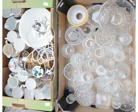 A box of assorted glassware, including Whisky tumblers, bowls, decanter, etc together with a box of assorted ceramics, thimbl