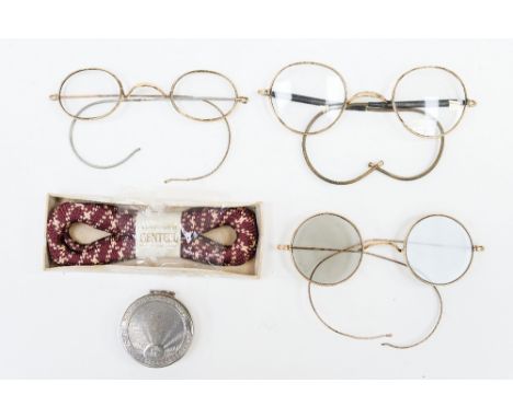 Three pairs of reading spectacles, 1900-1920, a pair of burgundy and cream armbands 1940s, by Genteel, together with a small 