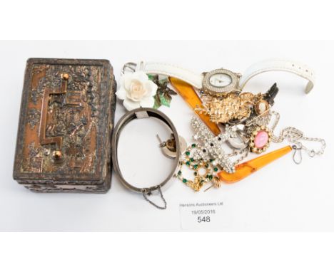 A bag of costume jewellery including a sliver bangle, white metal, yellow metal etc, and a ladies' Cabochon wristwatch, also 