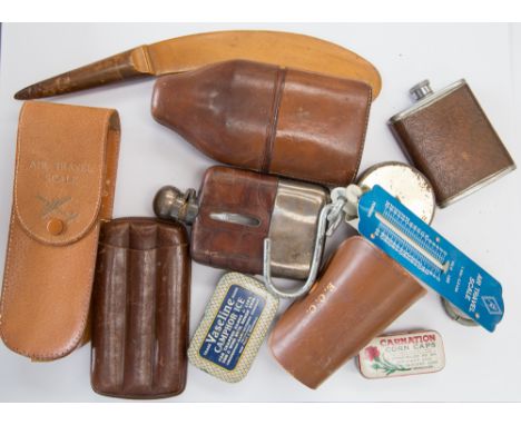 A Mauchline ware page turner, silver cap and based, hip flask with tooled leather casing, plus cigar case and other hip flask