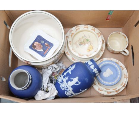 A Royal Doulton Bunnykins set, Barbara Vernon with a Royal Doulton planter, and a pair of Adams Jasperware dark blue vases