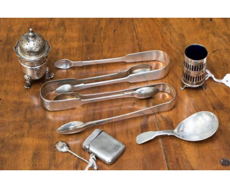 Three pairs of silver sugar tongs, silver Vesta, silver peppers, silver salt spoon and silver caddy spoon, probably by Charle
