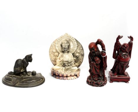 Resin Chinese Buddhas, a resin Indian deity, a resin cast bronze effect cat (4) 
