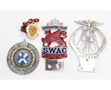 Three Chrome car badges to include 1937 Welsh Rally, Scottish Automobile Club, an AA badge and a 1938 Welsh Motor Rally penda