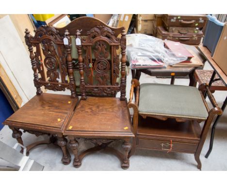 A pair of Victorian oak hall chairs with carved backs together with an Edwardian piano stool and fitted with a single drawer(