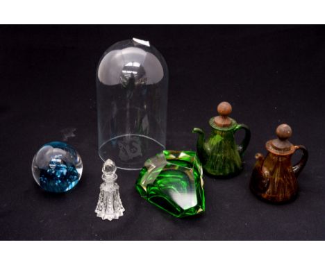 A Heron glass boxed mushroom, Murano tri-coloured trinket dish, hand blown oil and vinegar servers, with stoppers, cut glass 