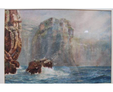 Watercolour of cliffs with waves crashing, Annie M Alderton 1911