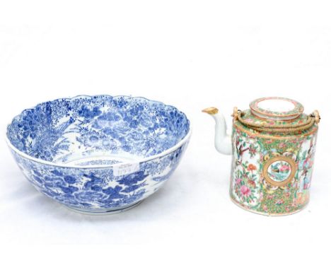 A Famille Rose teapot, Cantonese and a blue and white bowl (af)