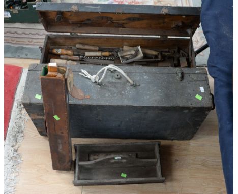 Two wooden tool chests together with an artist's easel in leather pouch, and a knife trough (4) 