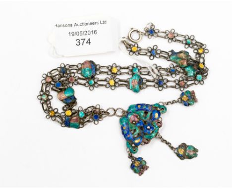 An unusual white metal and enamel necklace, possibly Oriental, circa 1920s, pre WW2