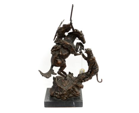Bronze figure of a pumu attacking a mounted Native American, after C Russels, signed in cast, 45 cm