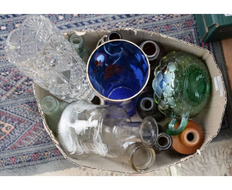 A box of earthenware and glass bottles, including Guiness, Adams, James Alexander, and Mary Gregory style decanter etc