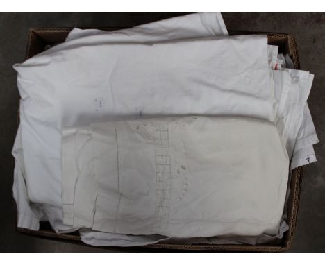 One good box of vintage and antique bed linen, mostly flat sheets, to include white-work embroidered pillowcases, good condit