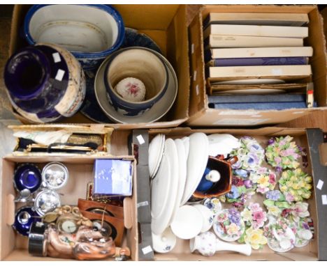Ceramics including Wedgwood, blue and white Victorian rectangular planter, collectors' plates, ceramic flower arrangements et