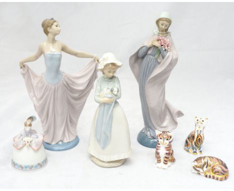 Three Royal Crown Derby Imari kitten paperweights, gold stoppers, togther with two Ladro and one Nao figure, Ladro bell (af) 