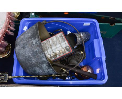 An embossed brass coal box and cover, with a brass jam kettle and a box of assorted metal ware (qty)