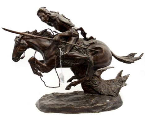Bronze figure a mounted Native American, after Frederick Remington.