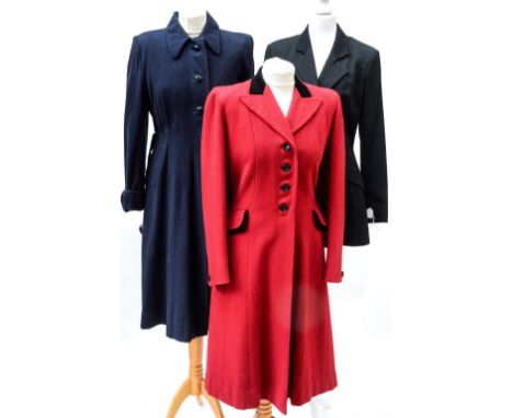 A good red wool fitted New Look coat with a swing skirt and a black velvet collar and black buttons together with a navy 1940