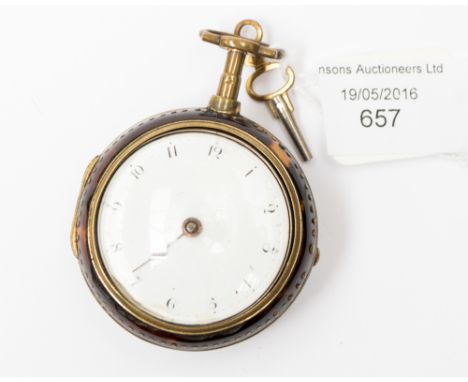 A George III cased pocket watch, the tortoiseshell outer case containing a silver cased watch with white enamel dial with Ara